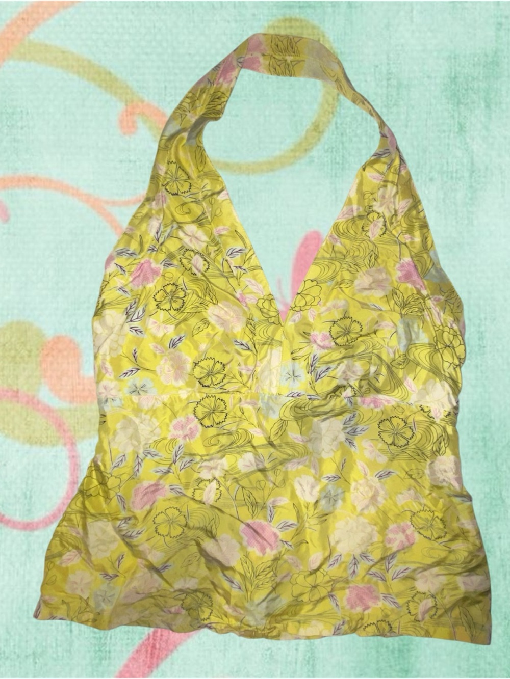 GAP Yellow Floral Halter Tank Top with Pink Accents